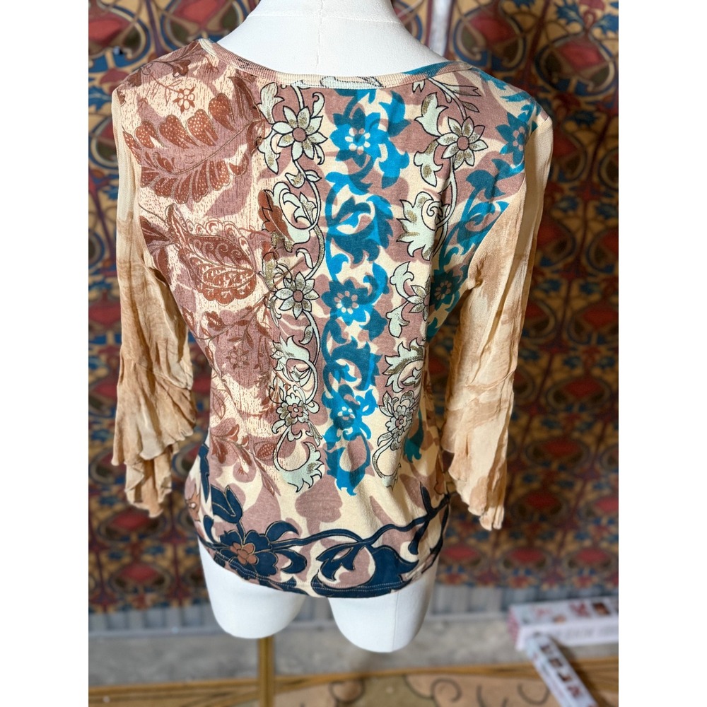 Forbidden Boho Floral Print Beaded Bell Sleeve V Neck Top Blouse Women's Size L - Picture 3 of 3